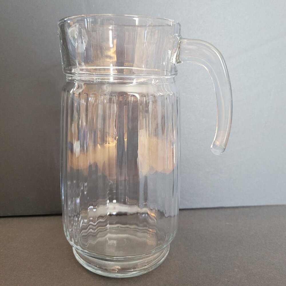 Vintage ARC France Clear Glass Ribbed Refrigerator Pitcher w/Handle 8.5" Tall